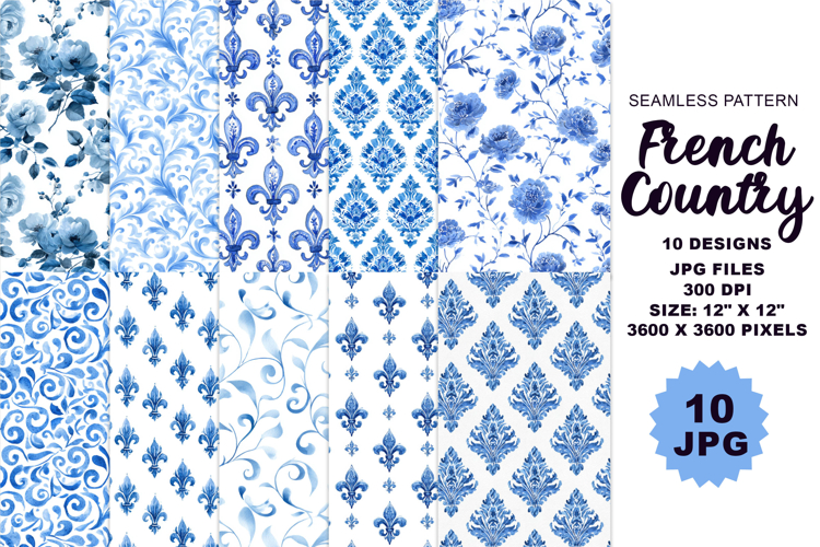 French Country Floral Blue Seamless Pattern, Watercolor JPG