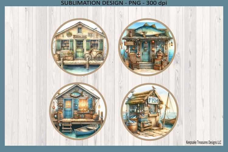 Rustic Fishing Shacks Sublimation Png Coasters Template