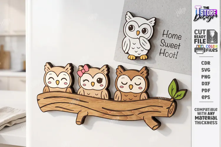 3D Cute Wooden Fridge Magnet Laser Cut | Owls SVG | Kitchen