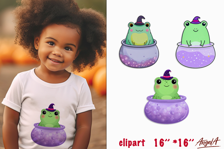 Cute frog in witch pot with hat Halloween clipart PNG