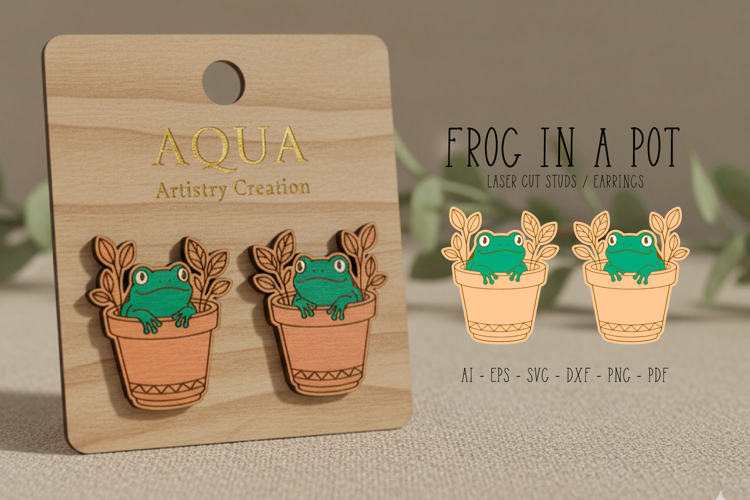 Frog in a Pot Studs, Earring, Laser Cut SVG