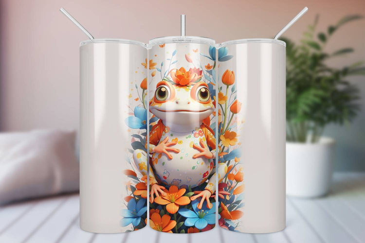 Whimsical 3D Orange, Blue & White Floral Frog Tumbler Wrap
