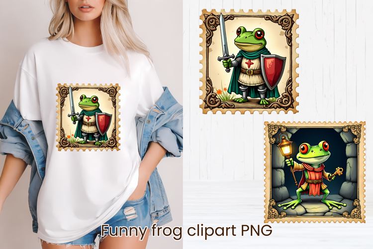 Medieval postage stamp frog clipart | Whimsical frog PNG