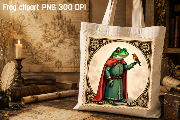Medieval postage stamp frog clipart | Whimsical frog PNG