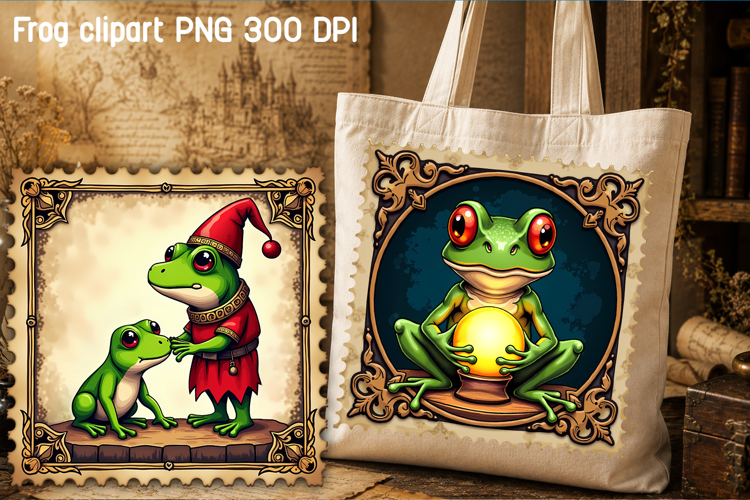 Medieval postage stamp frog clipart | Whimsical frog PNG
