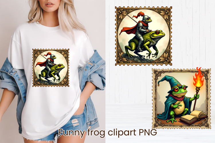 Medieval postage stamp frog clipart | Whimsical frog PNG