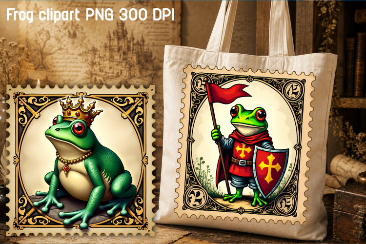 Medieval postage stamp frog clipart | Whimsical frog PNG