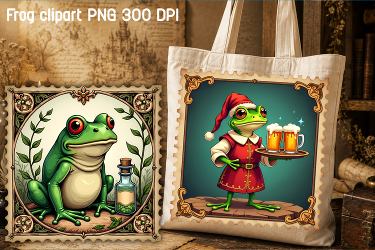 Medieval postage stamp frog clipart | Whimsical frog PNG