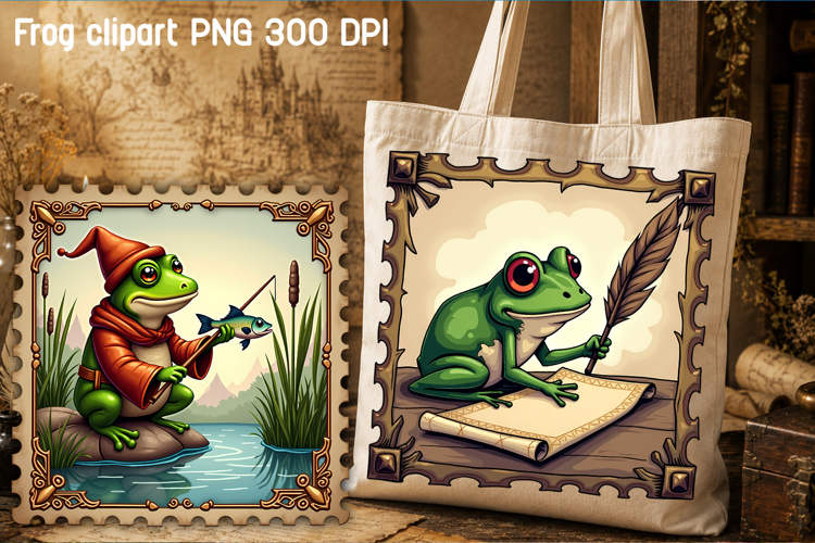 Medieval postage stamp frog clipart | Whimsical frog PNG
