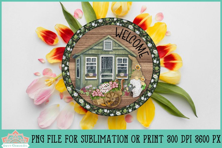 Front Porch Garden Gnome Decor Round Farmhouse Sublimation
