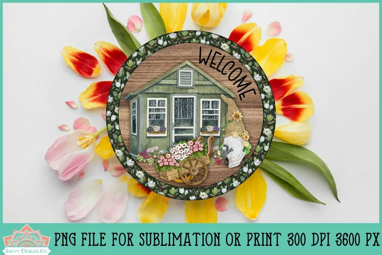 Front Porch Floral Gnome Decor | Round Farmhouse Sublimation