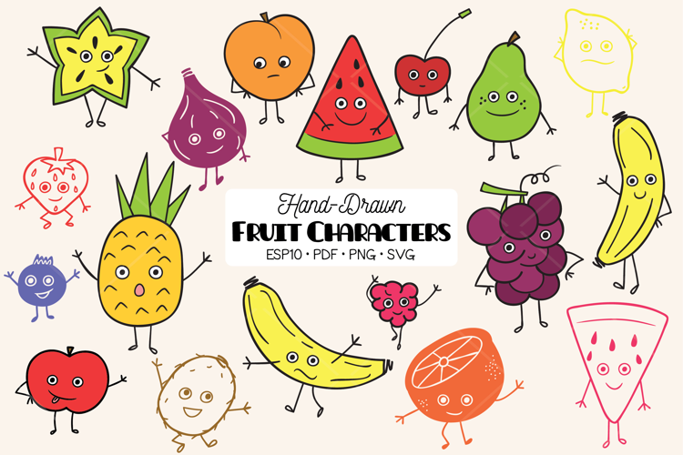 Colored Fruit Characters | Hand Drawn Kawaii Food Cartoon