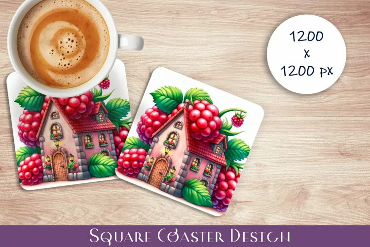 Fruit house Coaster Design, fantasy raspberries Sublimation
