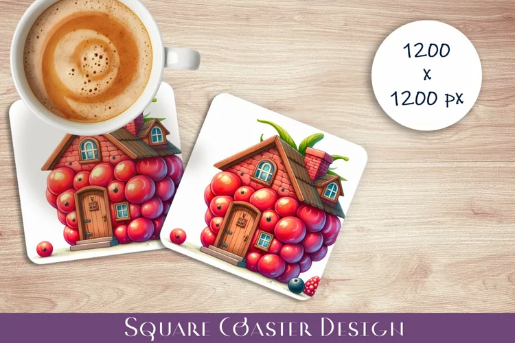 Fruit house Coaster Design, fantasy raspberries Sublimation