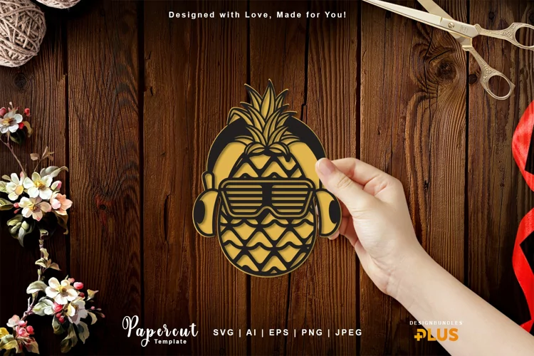 Cool Pineapple Wearing Headphone Papercut