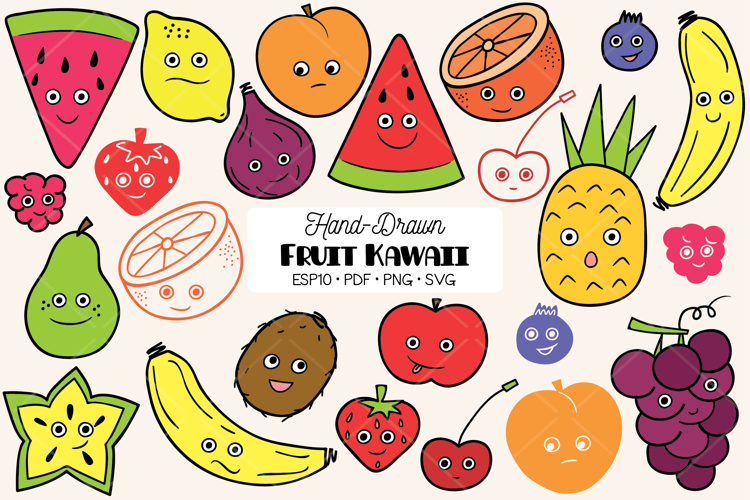 Colored Fruit Kawaii | Hand Drawn Food Characters