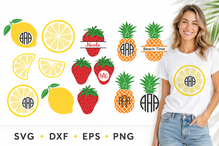 Summer Svg | Fruit Monogram Lemon Strawberry Pineapple svg example image 1