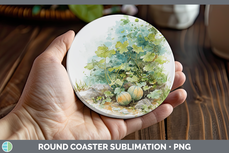 Cantaloupe Fruit Sketch Round Coaster Sublimation Design