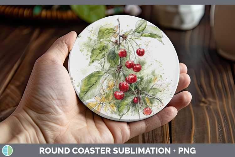 Cherry Fruit Sketch Round Coaster Sublimation Design
