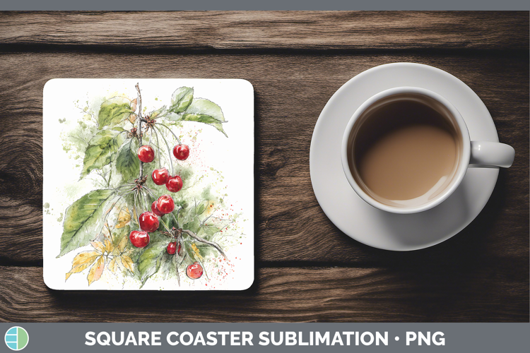 Cherry Fruit Sketch Square Coaster Sublimation Design