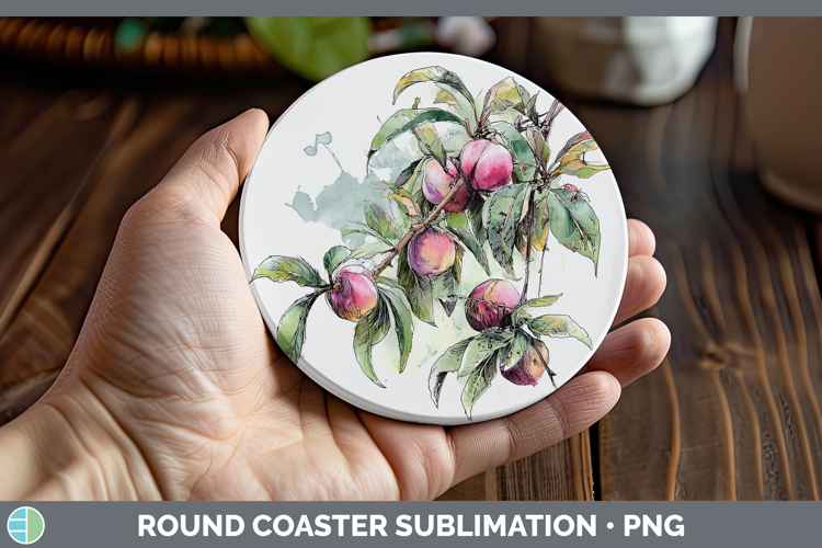 Peach Fruit Sketch Round Coaster Sublimation Design