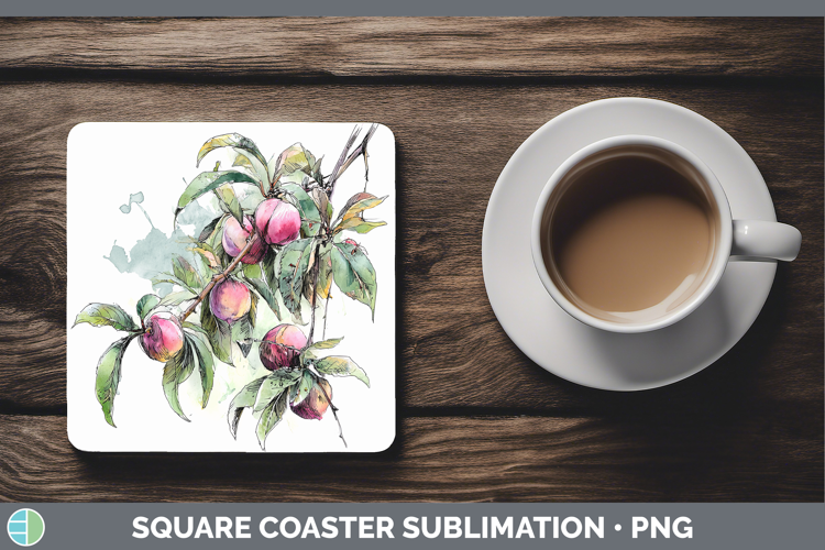 Peach Fruit Sketch Square Coaster Sublimation Design