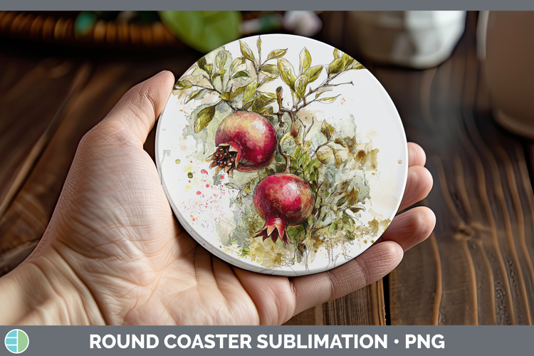 Pomegranate Fruit Sketch Round Coaster Sublimation Design