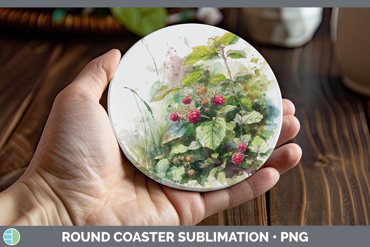 Raspberries Fruit Sketch Round Coaster Sublimation Design