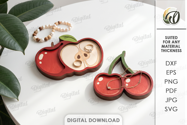 Apple and Cherry Trinket Dishes Laser Cut. Jewelry Dish SVG