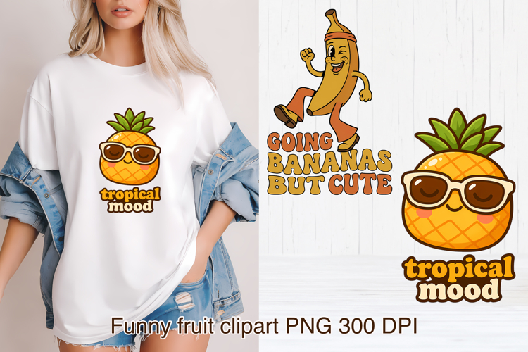 Groovy fruit sublimation | Retro fruit clipart PNG example image 1