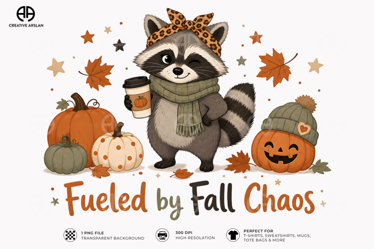 Fueled by Fall Chaos Raccoon PNG | Autumn T-Shirt Design