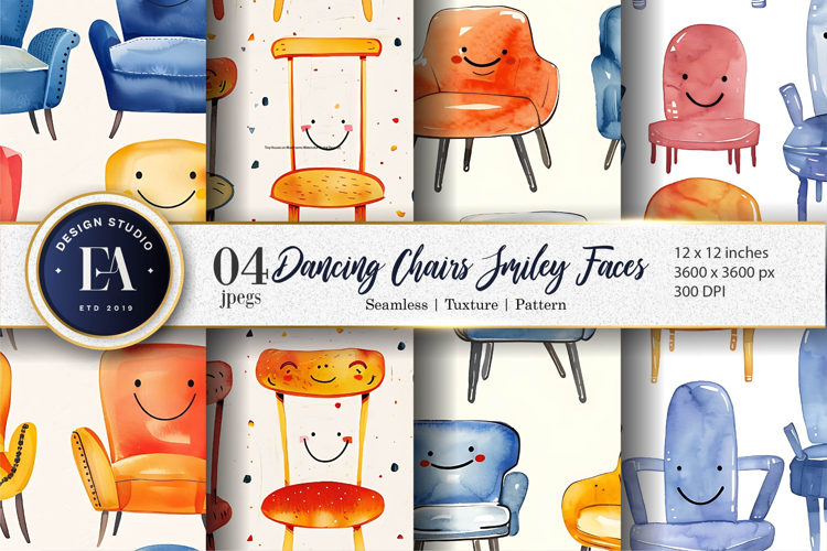 Fun Dancing Chairs with Faces Watercolor Art Digital Paper