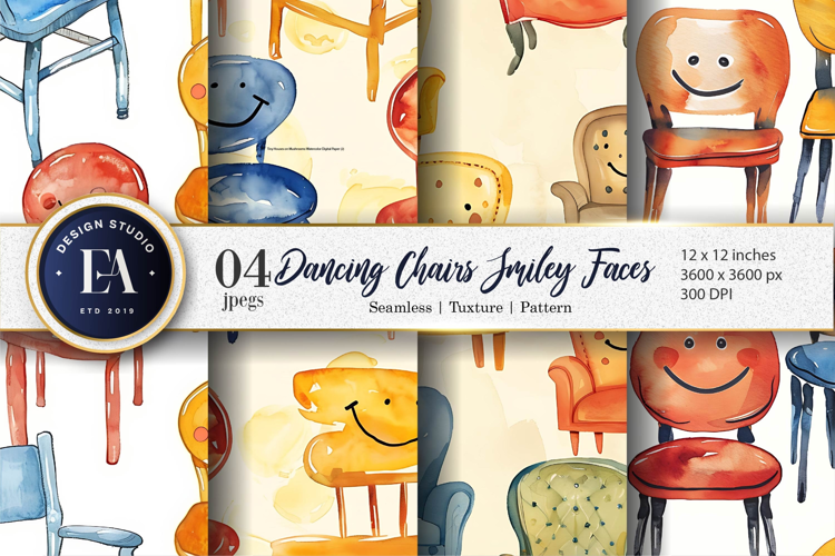 Chairs with Smiley Faces Watercolor Seamless Digital Paper
