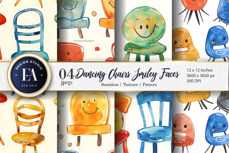 Dancing Chairs Cartoon Watercolor Seamless Digital Paper