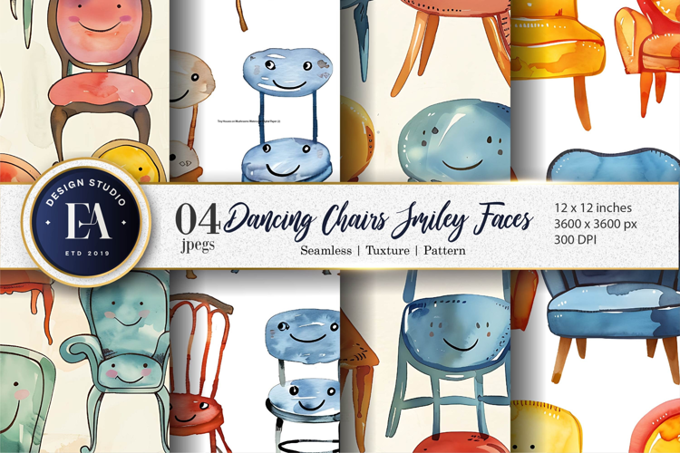 Dancing Chairs Cartoon Watercolor Seamless Digital Paper