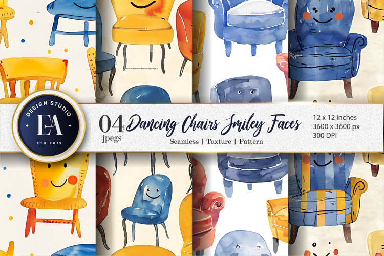 Fun Dancing Chairs with Faces Watercolor Art Digital Paper