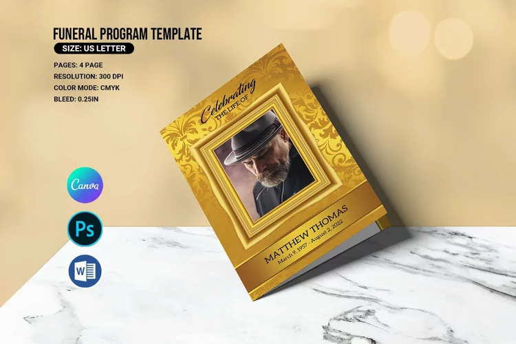 Golden Funeral Program Template, Word, Psd & Canva