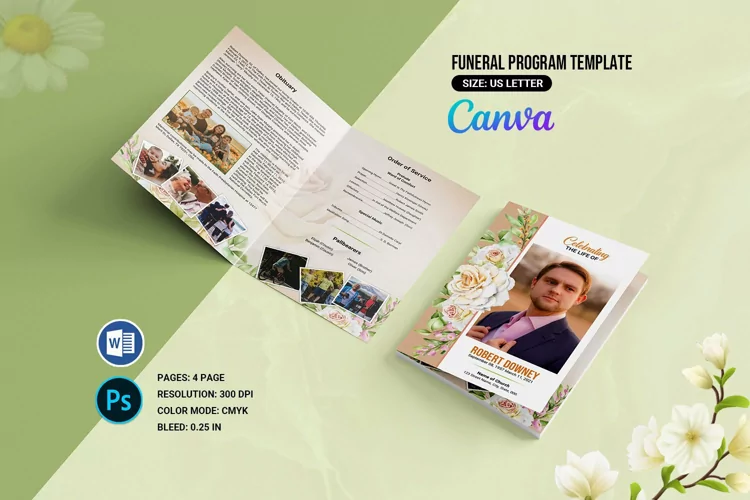 Funeral Program Template , Ms Word , Photohsop and Canva