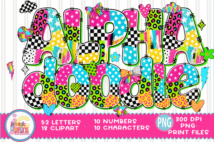 Retro Doodle Letters Alphabet, Doodle Sublimation Letters