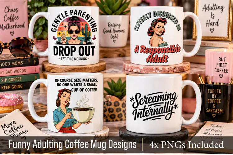 4x Funny Retro Mom and Adulting Coffee Mug Designs