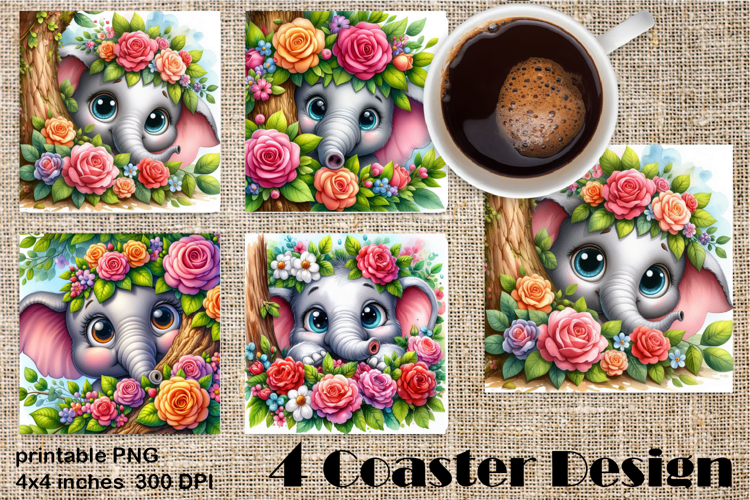 Funny africa animal Coaster Sublimation |Elephant in roses