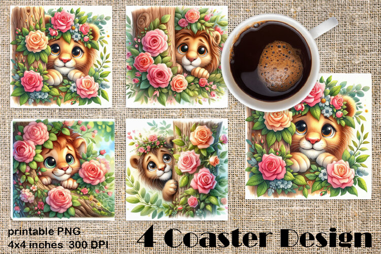 Funny africa animal Coaster Sublimation |Lion in roses example image 1