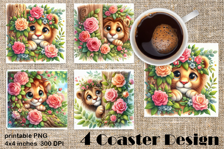 Funny africa animal Coaster Sublimation |Lion in roses