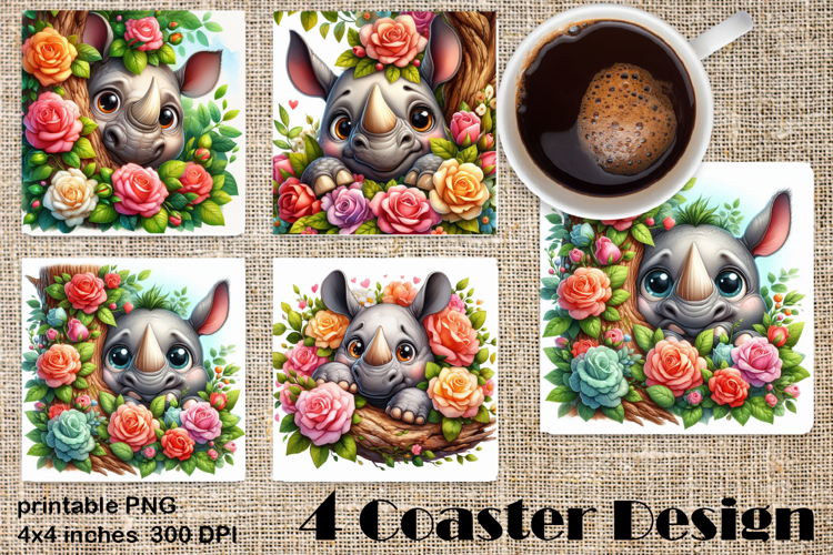 Funny africa animal Coaster Sublimation |Rhinoceros in roses