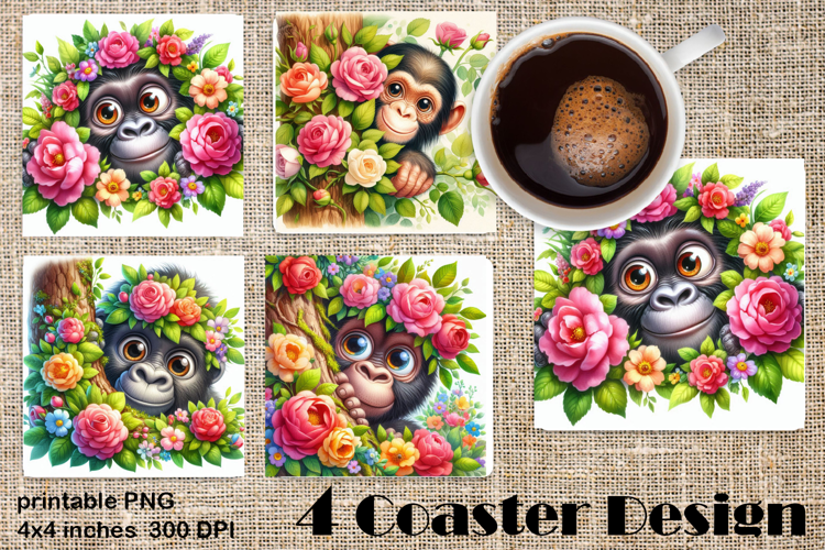 Funny africa animal Coaster Sublimation |Chimpanzee in roses