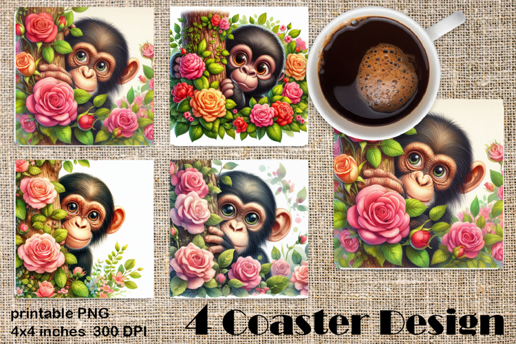 Funny africa animal Coaster Sublimation |Chimpanzee in roses