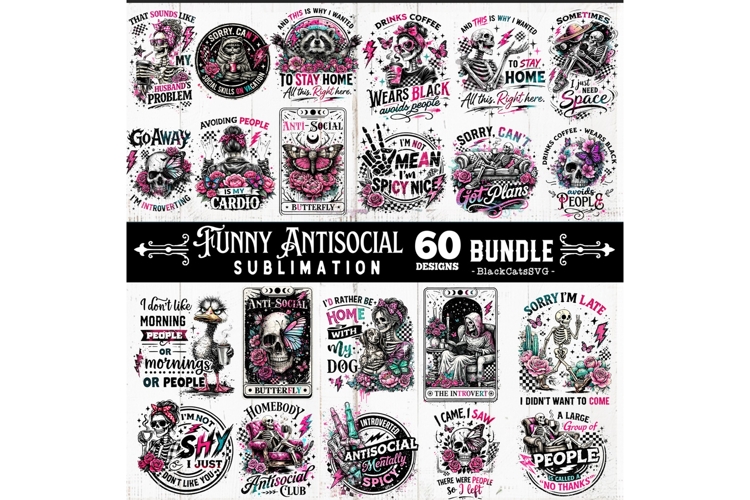 Funny Antisocial skulls sublimation bundle 60 designs PNG