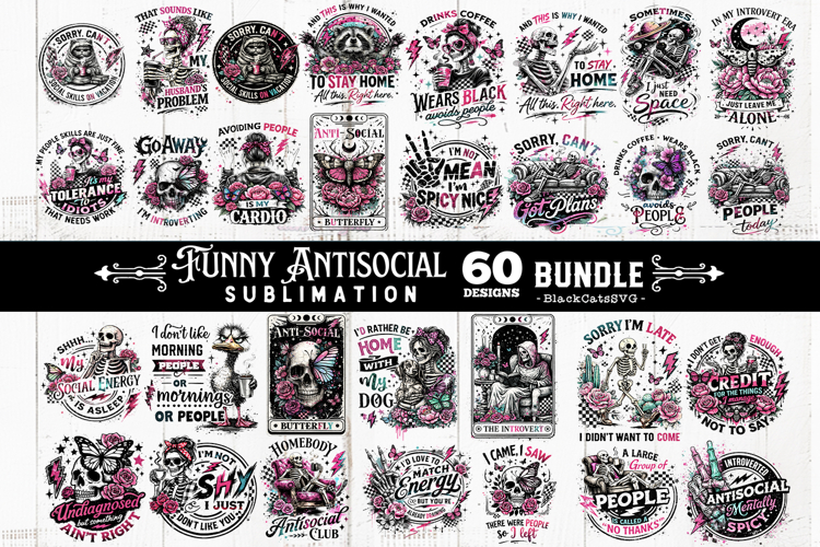 Funny Antisocial skulls sublimation bundle 60 designs PNG