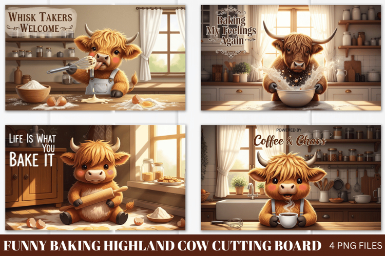 Funny Baking Cow PNG Cutting Board, Baking Highland Cow PNG
