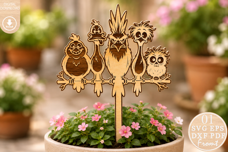 Funny Birds Garden Stake Laser Cut SVG